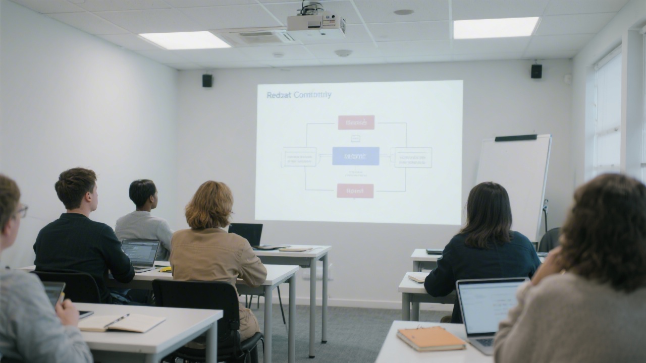 Training room with a projector showing a React component diagram, attendees sitting at desks with notebooks and laptops, minimalist design and calm atmosphere