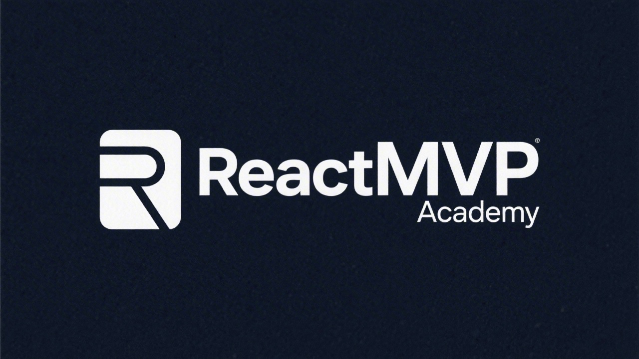 Simple flat wordmark logo for ReactMVP Academy, clean geometric letters with small square icon, minimal shapes and clear spacing on transparent background