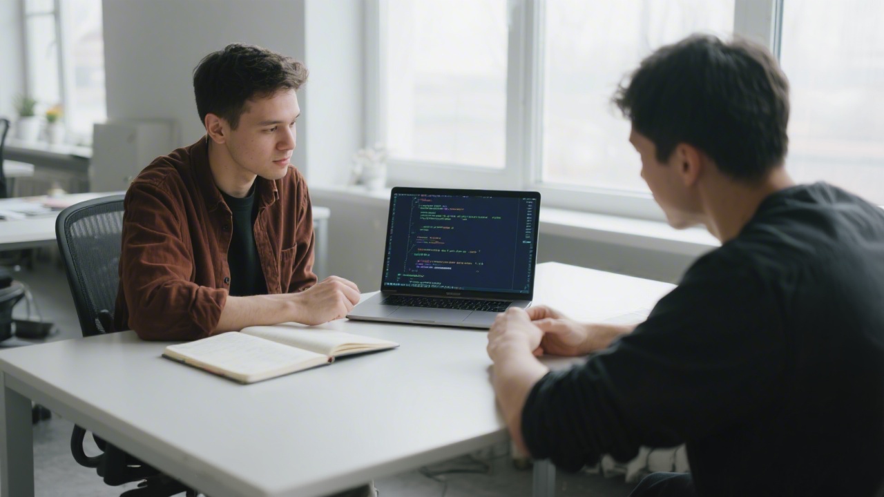 Two developers in a one-on-one mentoring session, laptop with code on screen, open notebook, quiet office background, natural light and focused atmosphere