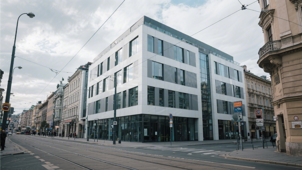 Exterior view of a modern office building in Prague city center, clean facade, nearby street with tram lines, cloudy sky, realistic urban environment