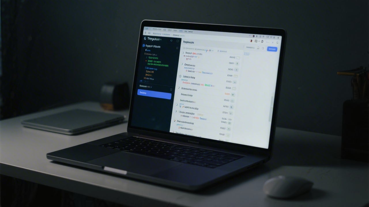 Laptop showing a modern IDE with TypeScript React code, terminal window open, and a list of linting checks, in a dark-themed workspace with a simple desk setup