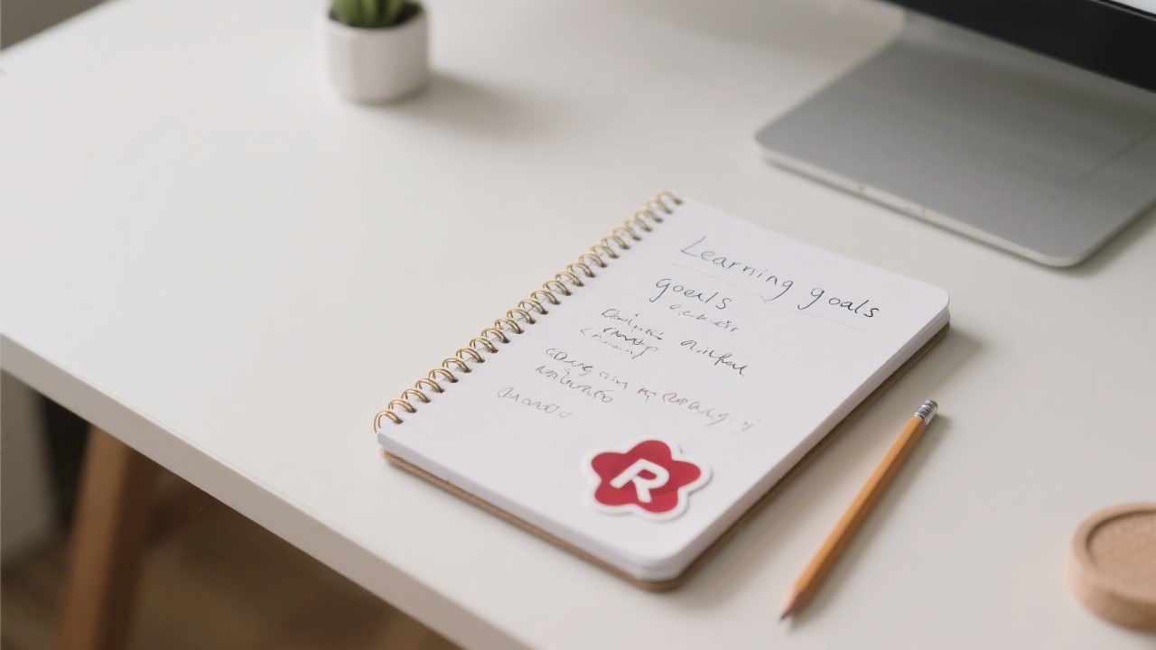 Notebook with handwritten notes about learning goals, a React logo sticker, clean desk with pencil and minimal accessories, symbolizing careful and structured learning values