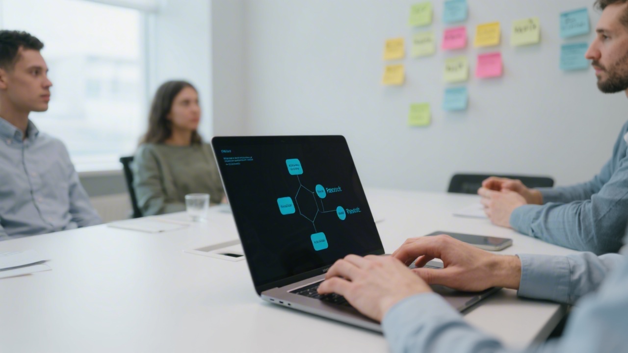 Hands typing on a laptop showing React components, sticky notes with MVP tasks on a wall, collaborative team environment and clean minimal meeting room